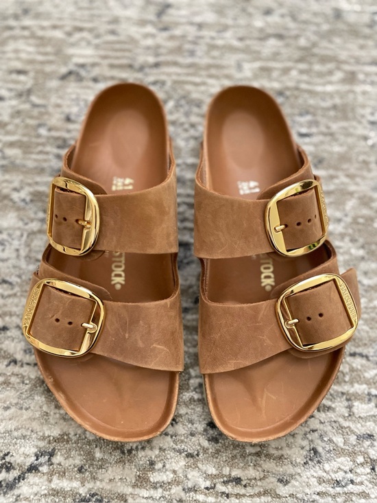 Birkenstock Shoes - Birkenstock Arizona Big Buckle Cognac Leather Slide Sandal Regular Width 41